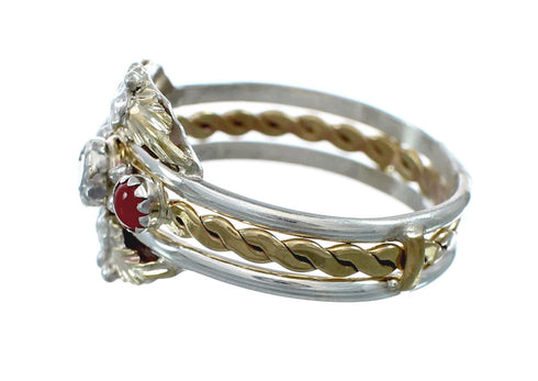 Native American Sterling Silver 12KGF Turquoise Coral Cubic Zirconia Ring Size 5-1/2 JX130875